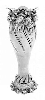An American Art Nouveau Silver Vase Height 8 1/4 inches.