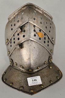 Knight armor face mask / helmet, 17th/18th century or earlier, steel face with brass rivets. ht. 10 1/2 in., wd. 7 1/2 in.