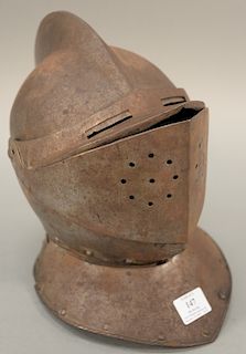 Knight armor helmet, 19th century or earlier, closed helmet or helm with pivoting face mask. ht. 12 in., wd. 8 1/2 in.