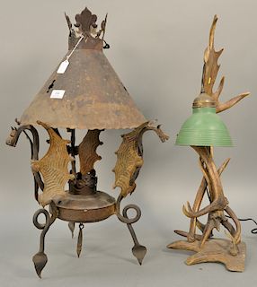 Two table lamps including Arts & Craft dragon lamp having metal shade, hand wrought iron dragons with sheet metal wings, electrified...