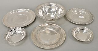 Six piece sterling silver lot including one bowl, three plates, and two dishes. dia. 5 1/2 in. to 9 1/4 in. 44.9 t oz.
