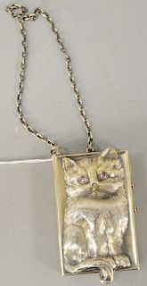 Louis Kuppenheim silver cat compact with red eyes, compartments, and mirror inside. 3 3/4" x 2", 6.8 t oz. total weight