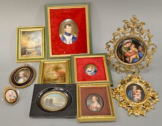 Ten small miniature portrait paintings to include two Madonna and child on porcelain, four woman portraits on porcelain, painting on...