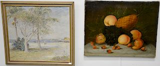 Three paintings to include primitive still life oil on canvas oval painting of fruit in a basket (17" x 21"); primitive still life o...