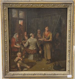 Interior European scene, oil on panel with group of people around a table, 18th/19th century, unsigned. 12" x 10 1/2"