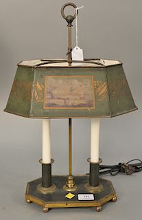 Tole Bouillotte lamp with hand painted shade. ht. 19 in.