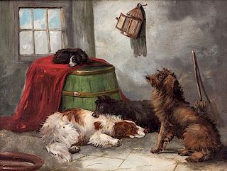 Artist Unknown, (20th Century), Interior Scene with Four Dogs