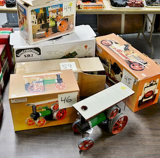 Group of six Mamod steam toys to include Mamod steam tractor, steam wagon, lumber wago, steam roller, steam roadster, all with origi...