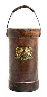An English Leather Fire Bucket Height over handle 23 inches.
