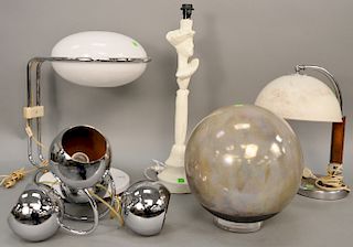 Five piece group to include Evan's Design ceramic ball on lucite base (ht. 12 in.), Italian lamp, Giacometti style plaster lamp, tab...