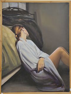 Rebekah Elaine Spencer, oil on canvas, untitled II, portrait of a girl sitting, initialed lower right: RS. 40'' x 30'' 