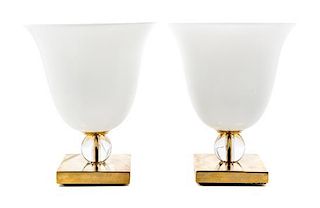A Pair of French Milk Glass and Brass Table Lamps Height overall 12 1/4 inches.