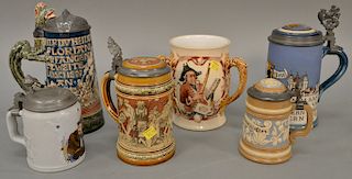 Six Mettlach Geschutzt pieces to include three handle loving mug (chipped), large Stein with dragon handle 4786 (as is), small Stein...