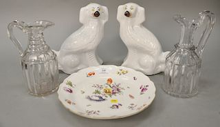 Five piece lot to include a Meissen deep plate, two crystal decanters, and a pair of Staffordshire dogs (ht. 10 in.).
