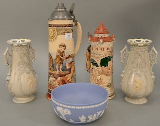 Five piece group to include pair of salt glazed vases, wedgewood bowl, Mettlach Geschützt 1012 Stein, German Stein, ht. 3 1/2'' to 16''