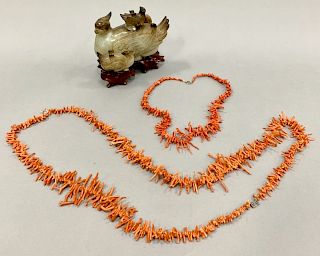 Three piece lot to include two coral necklaces along with a hardstone figure of birds, total ht. 4 1/2 in., lg. 6 in.