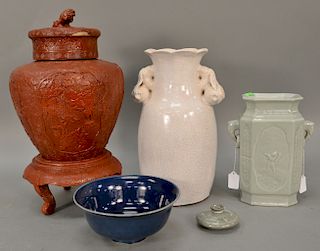 Five piece Asian lot to include a three part cinnabar vase (ht. 18 1/2 in.), a crackle vase, celadon vase with two handles, a blue b...