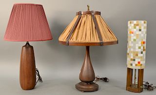 Three modern Danish style wood table lamps. ht. 24 in., 26 in., & 28 1/2 in.