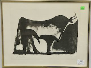 After Pablo Picasso, lithograph, "Le Taureau Noir", The Black Bull 1947, signed lower right: "Dimanche 05.4.47". 13 1/2" x 17 1/2"