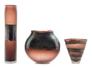 Three Contemporary Glass Vases Height of tallest 11 1/2 inches.