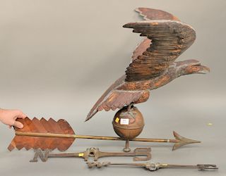 Large copper flying eagle weathervane with directionals, lg. 39 in., ht. 31 in.