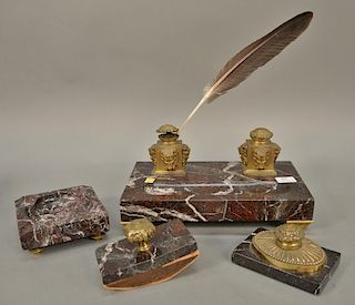 Four piece marble and brass desk set with figure head inkwells. lg. 13 3/4 in.