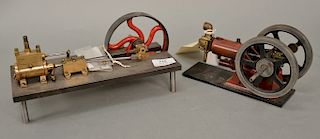 Lot to include two horizontal steam engine, both single cylinder, double flywheel 4'' dia. 3/8 stroke, red painted on iron base alon...
