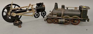 Group lot to include painted tin toy train, an iron mechanical locomotive, and Peter Rabbit Chick Mobile by Lionel (as is). lg. 14 1/2'' - 15''