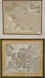 Two framed maps including Johann Mattheus, Hasio, Continental 18th century hand colored engraving map Europa (19 1/2'' x 22'') and a...