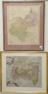 Two framed 18th century hand colored engraved maps including Schwaben Circulus Sueviae Continens ducatum Wirtenbergensen, 18th centu...