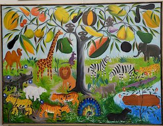 Fernand Pierre (1919-2002), oil on canvas, fruit tree jungle with animals, signed lower right: F. Pierre, 36'' x 48''