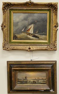 Two small oil on panel to include 19th century or earlier, Schooner in rough seas, unsigned, 7 3/4" x 10" and an oil on panel ice sk...