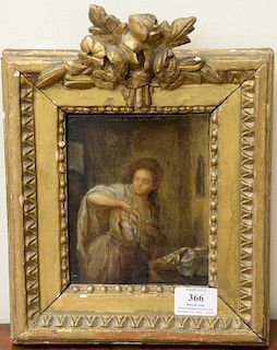 Oil on panel interior scene with woman, 19th century or earlier. 6" x 5 1/4"