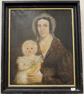 19th century portrait of a woman with a child in a white dress. 28" x 23"