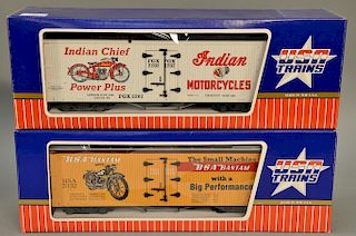 Two USA trains to include refrigerator cars, BSA Bantam motorcycle R-16111, with sound of steam mountain whistle and Indian Chief mo...