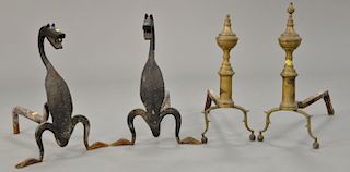 Two pairs andirons, iron with dragon bodies ht. 20 1/2 in., and Federal brass and irons ht. 21 1/2 in. (one tip missing).