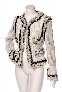A Chanel Ivory and Black Cotton Tweed Cropped Jacket Size 44.