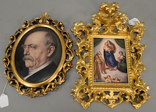Two piece framed paintings on porcelain: Madonna & Child in gilt Rococo frame 15'' x 11'' and Oval Bust of a Man 13 1/4'' x 10''