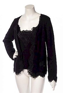 A Chanel Black Cashmere and Crochet Cardigan Ensemble Size 44.