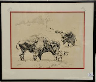 Dan Smith, pen and ink on paper, Buffalo landscape, signed lower right Dan Smith. sight size 15 1/2" x 19 3/4"