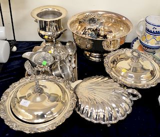 Silverplate lot including punch bowl and cups, covered dishes, ice bucket, dresser set, etc.