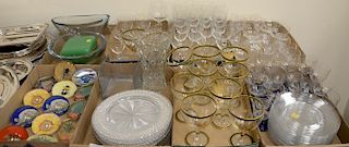 Eight tray lots with various crystal paperweights, cut glass plates, bowls, vases, green glass box, etc.