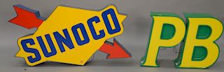 Three advertising signs including a signed light-up Sunoco (ht. 25 in., lg. 47 in.), a light-up B., and P. sign (ht. 21 in.), both p...