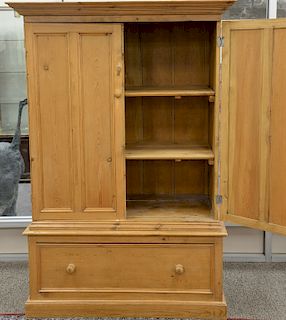 Pine armoire cabinet with shelved interior (in two parts). ht. 73 in., wd. 50 in., dp. 26 in.