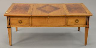 Coffee table with slide center, two drawers, and burlwood panels. ht. 20 in., top: 49" x 28"