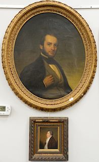 Two portrait paintings including an oval oil on canvas of a gentleman, 19th century, 37" x 30" and a small portrait of a gentleman, ...