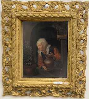 After Gerrit Dou (1613-1675), oil on panel, old woman watering flowers, unsigned. 10'' x 8''