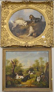 Two piece lot to include Terrier foxhole oil on canvas (18" x 21") and a 19th century oil on canvas pheasant hunt with English Spaniels.