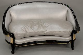 Custom gondola back, settee/sofa in grey leather, thick black lacquer and gold leaf detailing, NYC 1980s lg. 66 in.