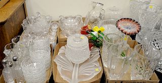Six tray lots of crystal, cut glass, and pressed glass including glass flowers, art glass tulip vase, etc.